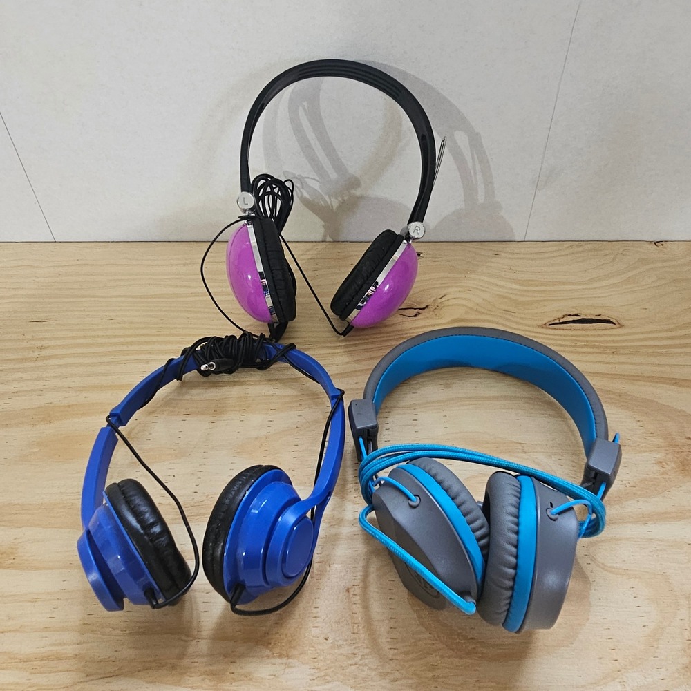 JLab JBuddies & Unbranded Wired Headphones Bundle Blue Purple Grey 3 Pairs